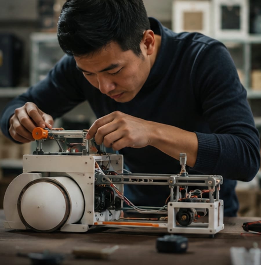 A maker assembling a robotics project at a workbench